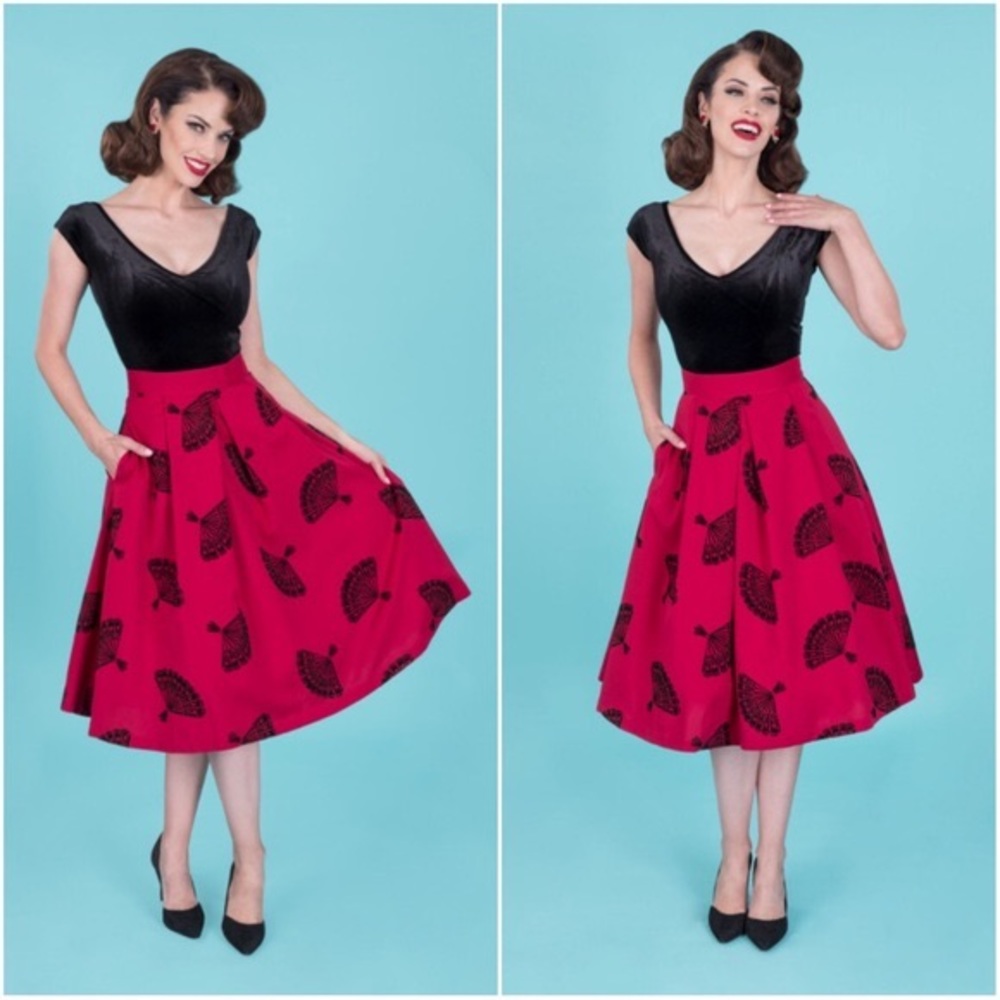 Burgundy red fan print circle skirt by Tatyana
